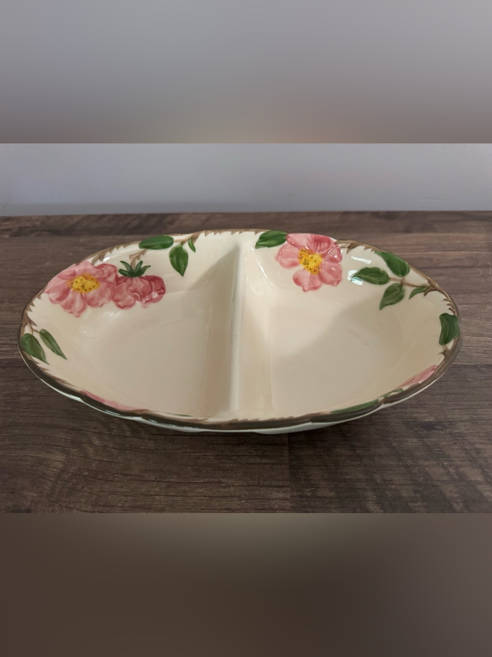 Vintage Franciscan Earthenware Desert Rose Oval Divided Serving Dish Bowl 11"
